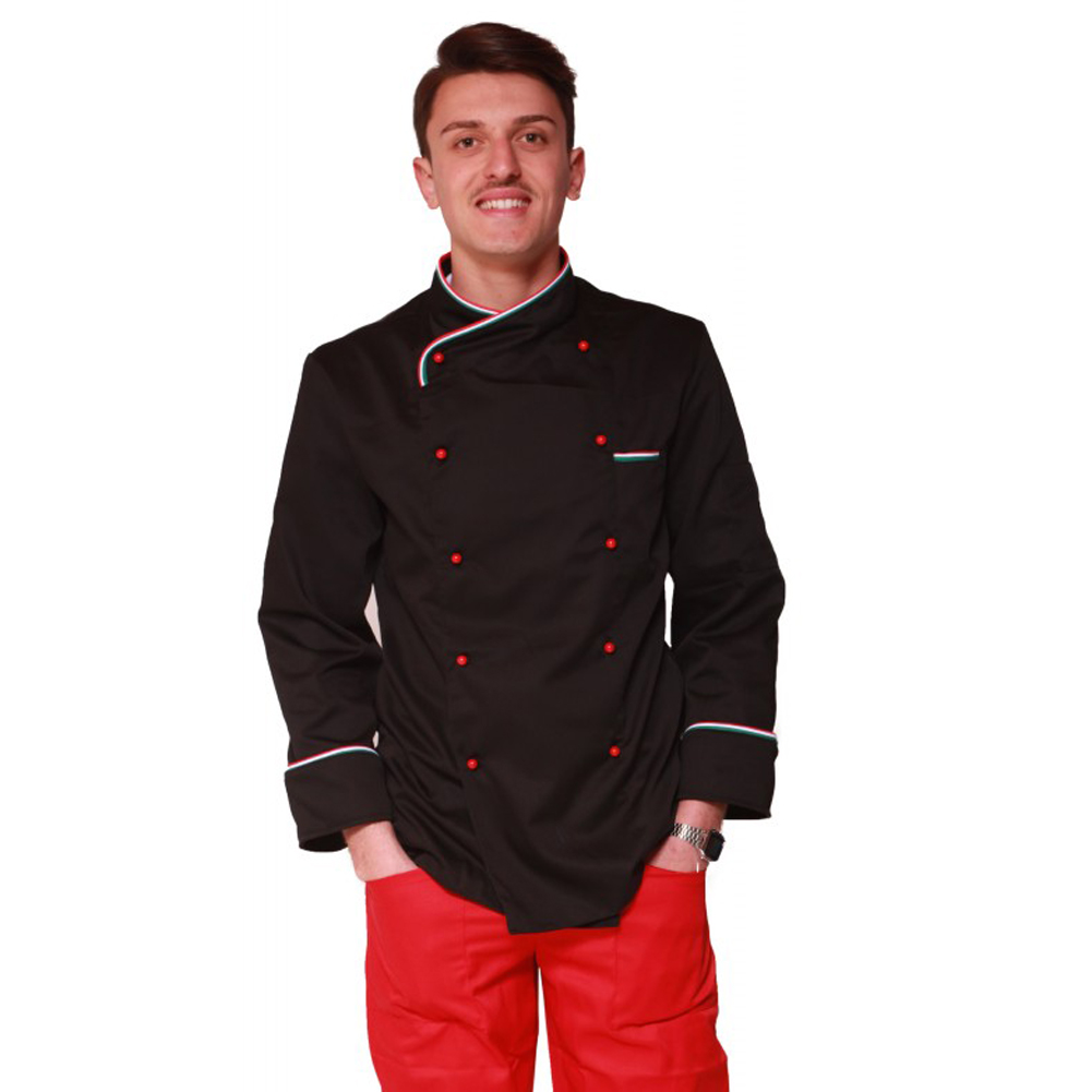 Giacca da cuoco nera con tricolore italiano. Personalizzabile con il tuo logo