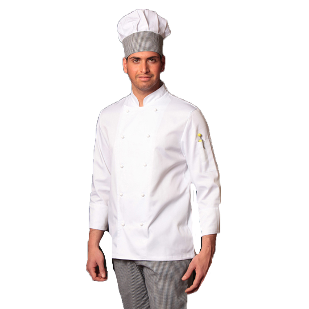 Esclusiva giacca e pantalone da cucina bianchi sale e pepe con cappello. Personalizzabile con il tuo logo
