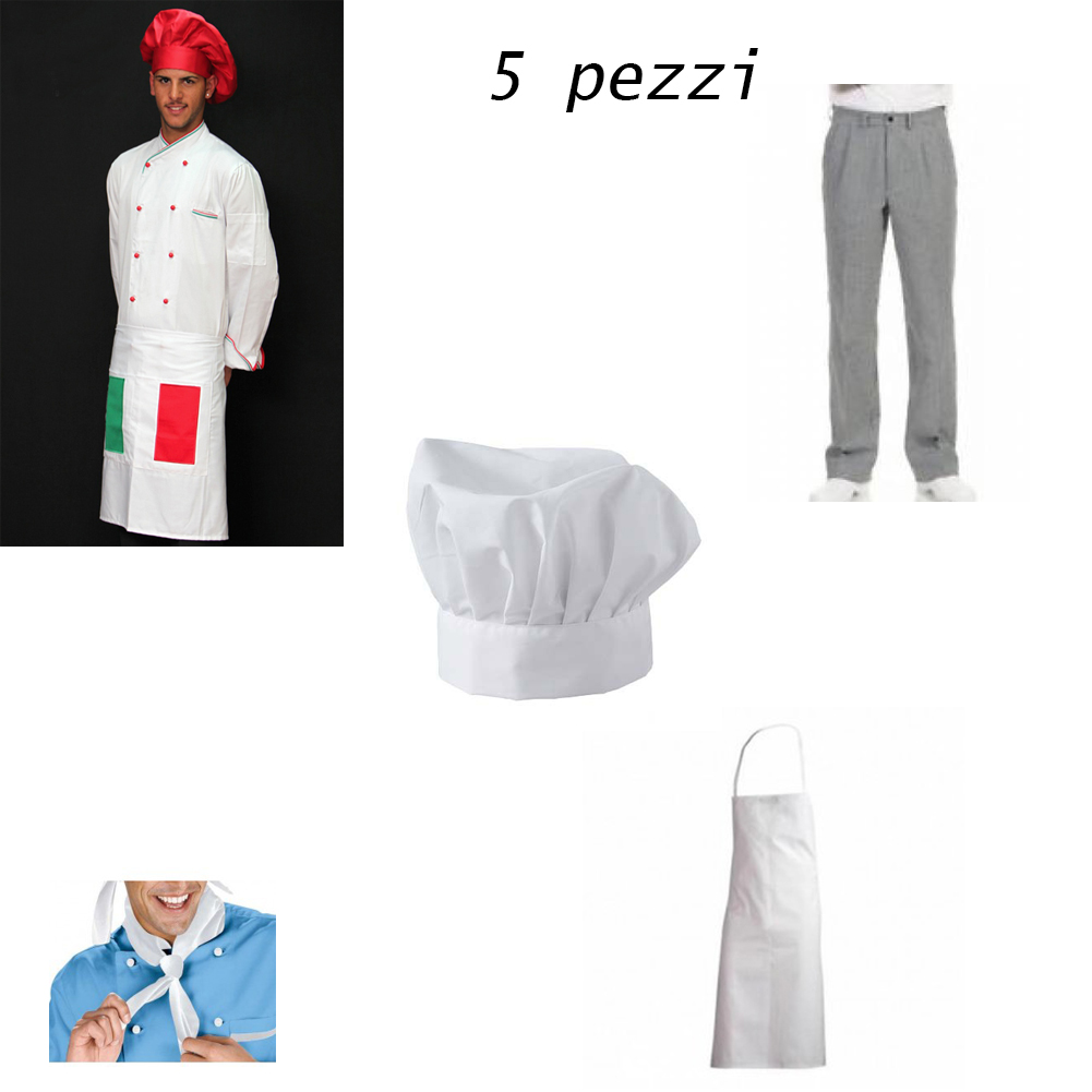 Kit da chef per ristoranti include giacca e pantaloni da cuoco. Personalizzabile con il tuo logo