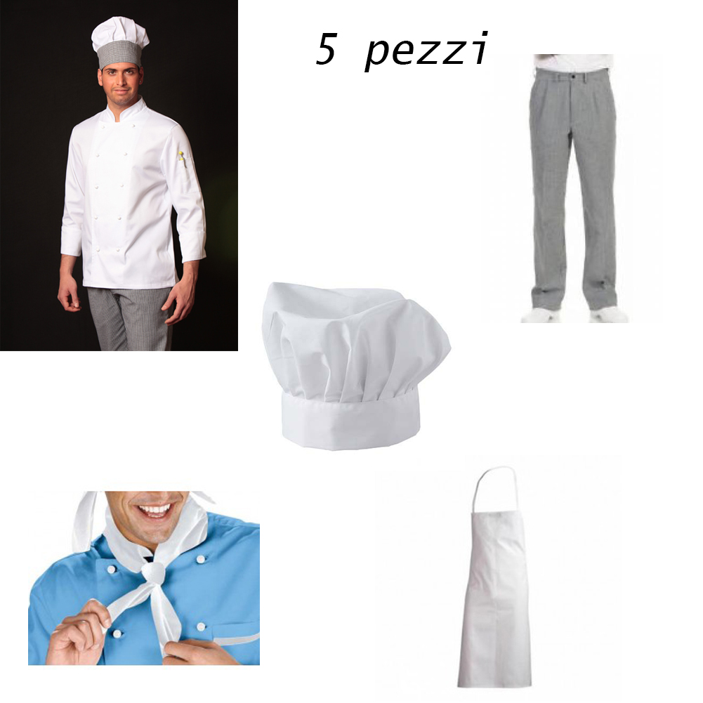 Stock di giacca da cuoco bianca con bottoni e pantaloni da cucina scollino Personalizzabile con il tuo logo