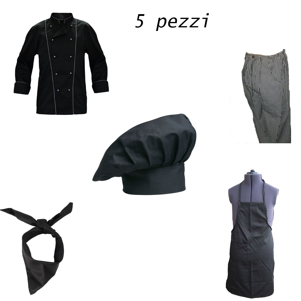Set completo da cucina per chef composto da 5 pezzi giacca pantalone cappello scolino e grembiule colore nero personalizzabile con il tuo logo