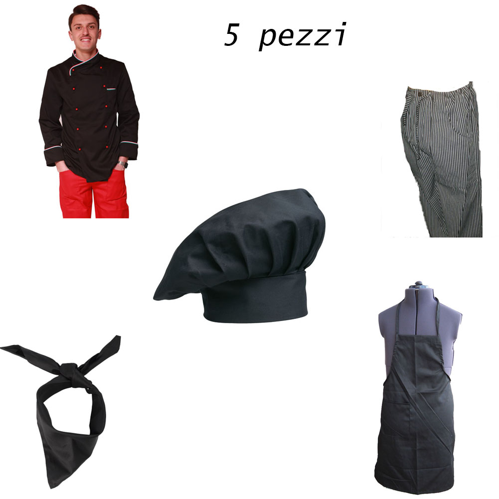Giacca e pantalaccio da chef Italia nera completo con grembiule da cucina incluso. Personalizzabile con il tuo logo