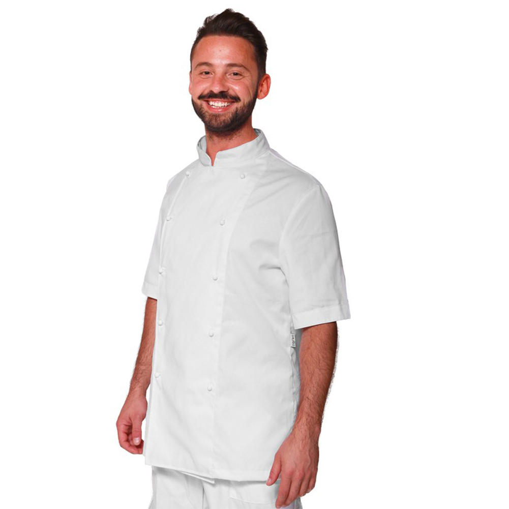 Giacca da chef estiva in cotone bianco con mezze maniche. Personalizzabile con il tuo logo