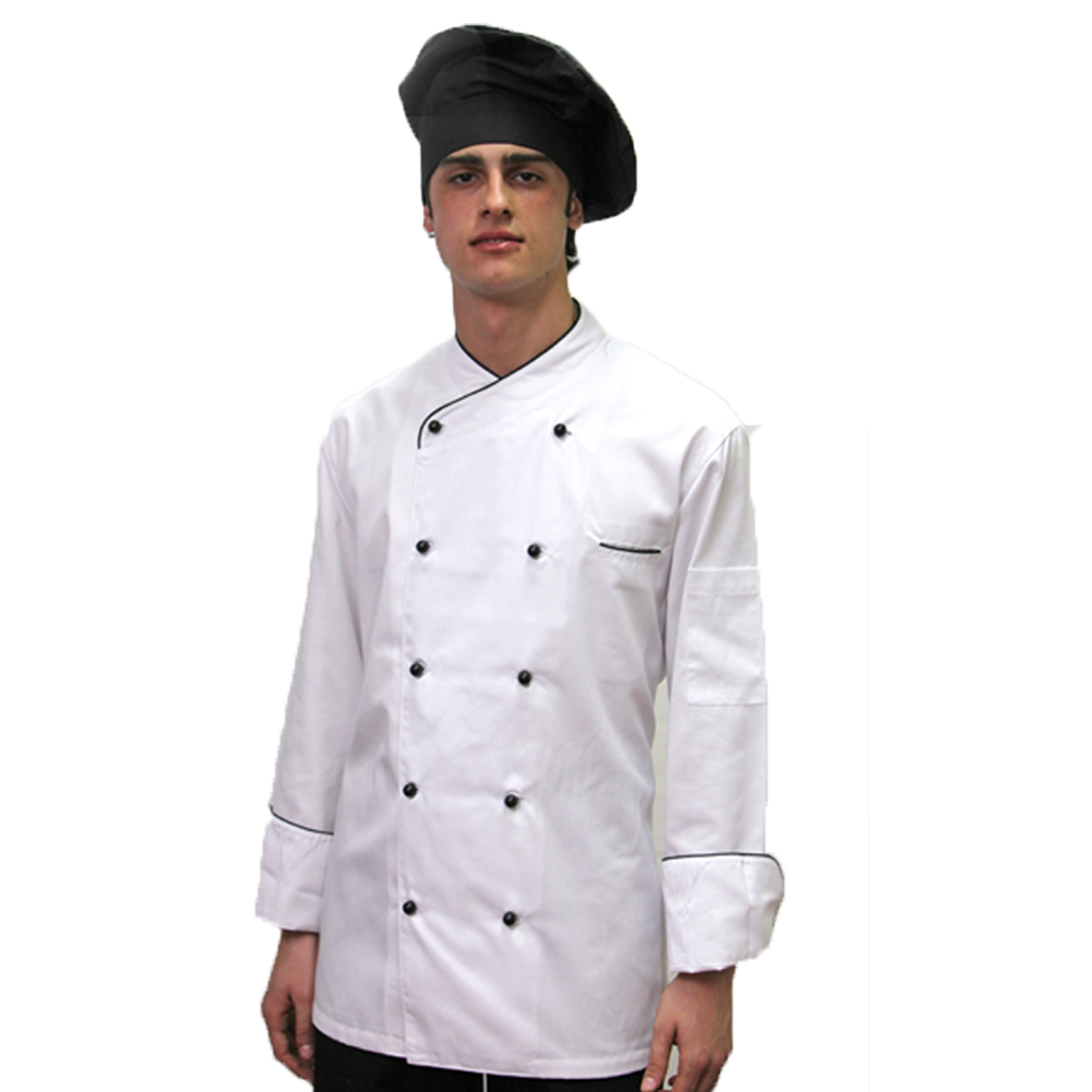 Giacca da chef in cotone bianco con dettagli neri o blu. Personalizzabile con il tuo logo