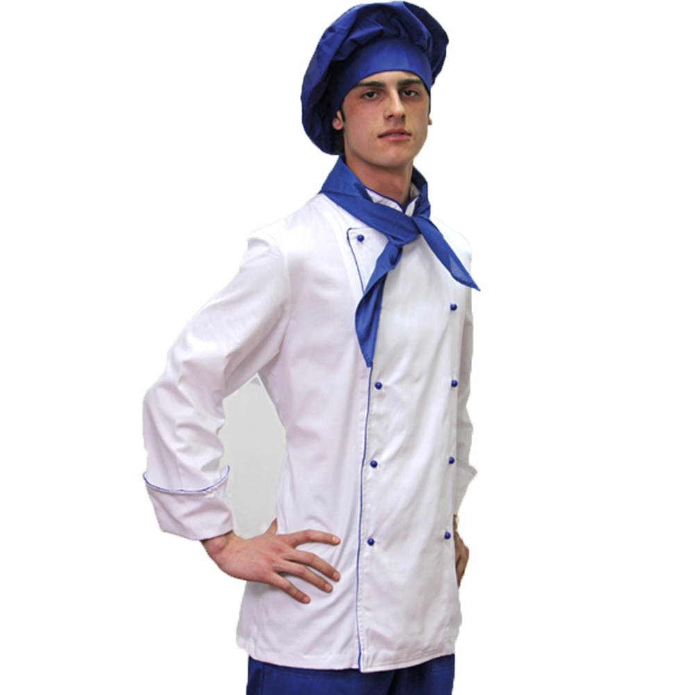 Giacca da chef in cotone bianco con dettagli neri o blu. Personalizzabile con il tuo logo