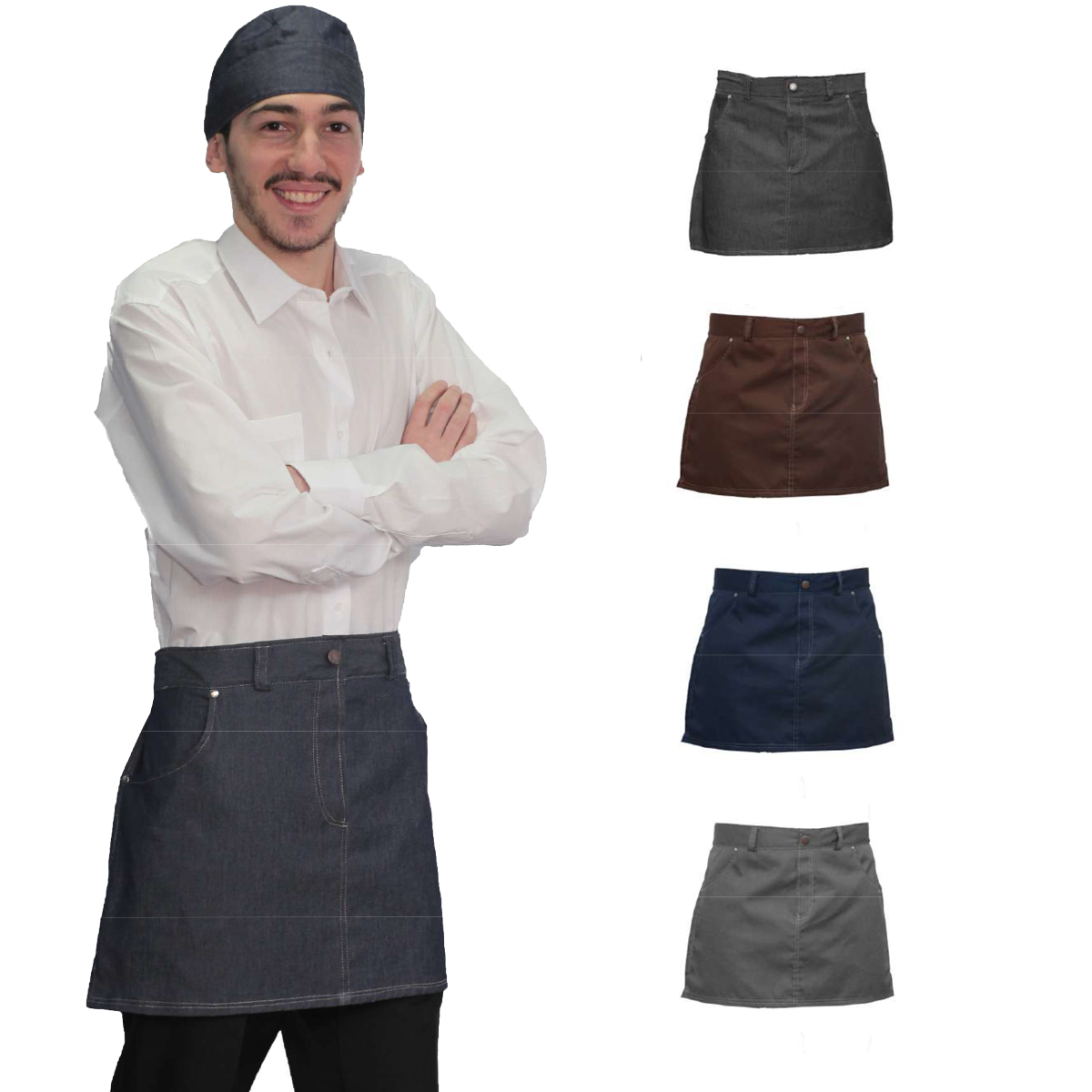 Grembiule da lavoro in jeans corto per barman. Personalizzabile con il tuo logo