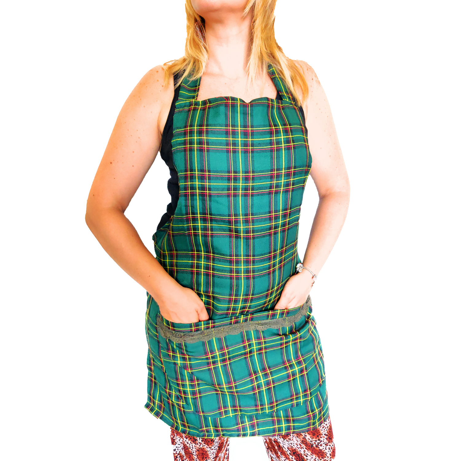 Grembiule da donna a scacchi scozzesi. Personalizzabile con il tuo logo