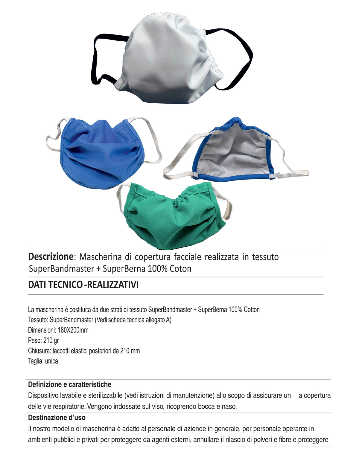 Kit 5 Mascherine in Cotone Verde Bianco e Blu. Personalizzabile con il tuo logo