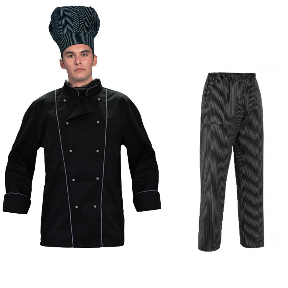 Set per cuoco moderno con giacca nera elegante e pantalone gessato. Personalizzabile con il tuo logo