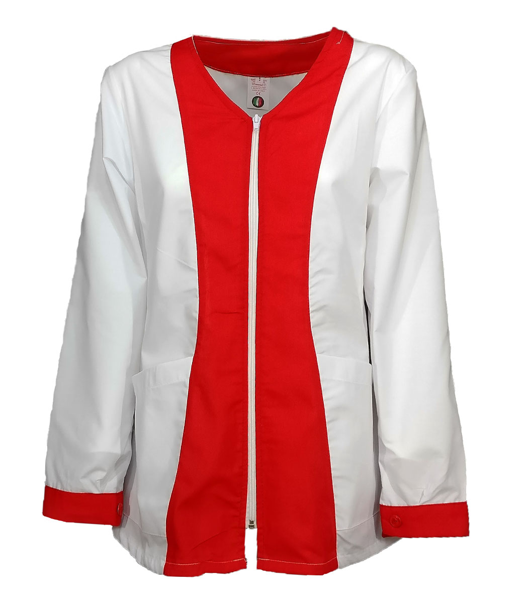 Camice da donna con zip e fantasia gessata bianca. Personalizzabile con il tuo logo