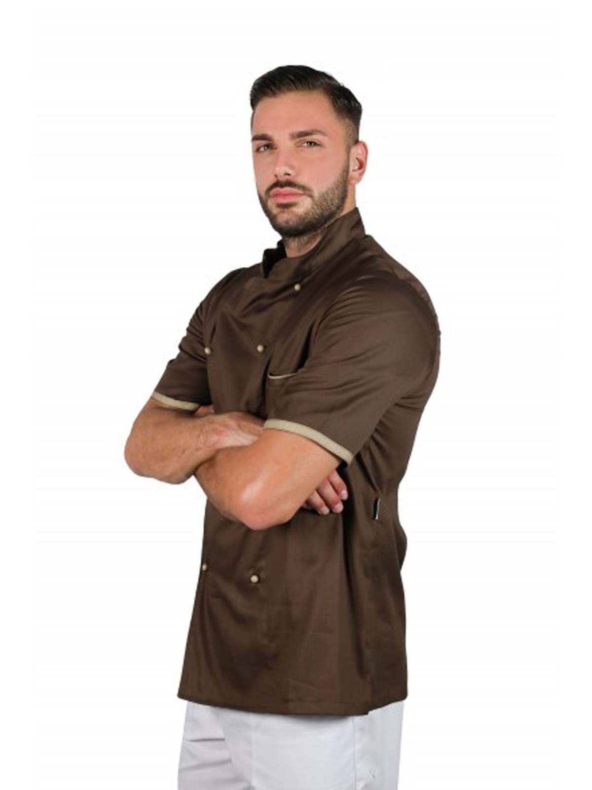 Giacca da chef in cotone a manica corta per uomo. Personalizzabile con il tuo logo