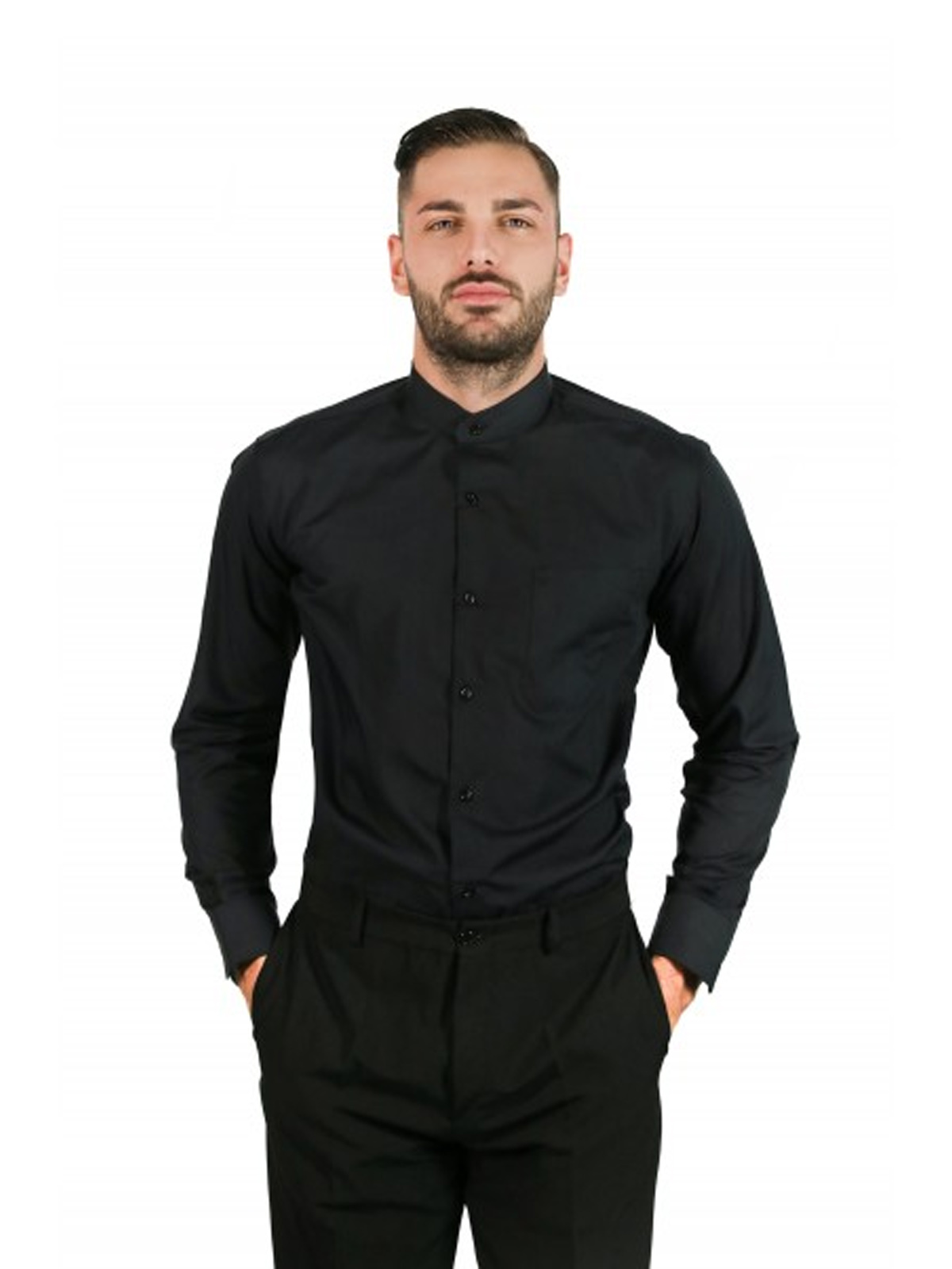 Camicia Uomo Cotone Nera Collo Coreana Casual Slim fit Manica Lunga. Personalizzabile con il tuo logo