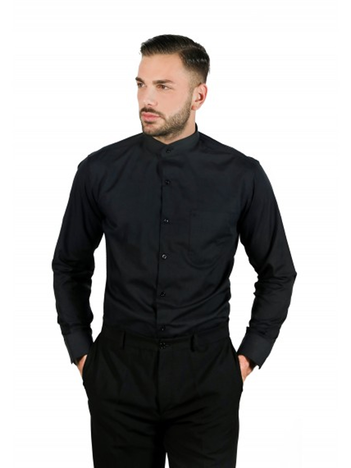 Camicia Uomo Cotone Nera Collo Coreana Casual Slim fit Manica Lunga. Personalizzabile con il tuo logo