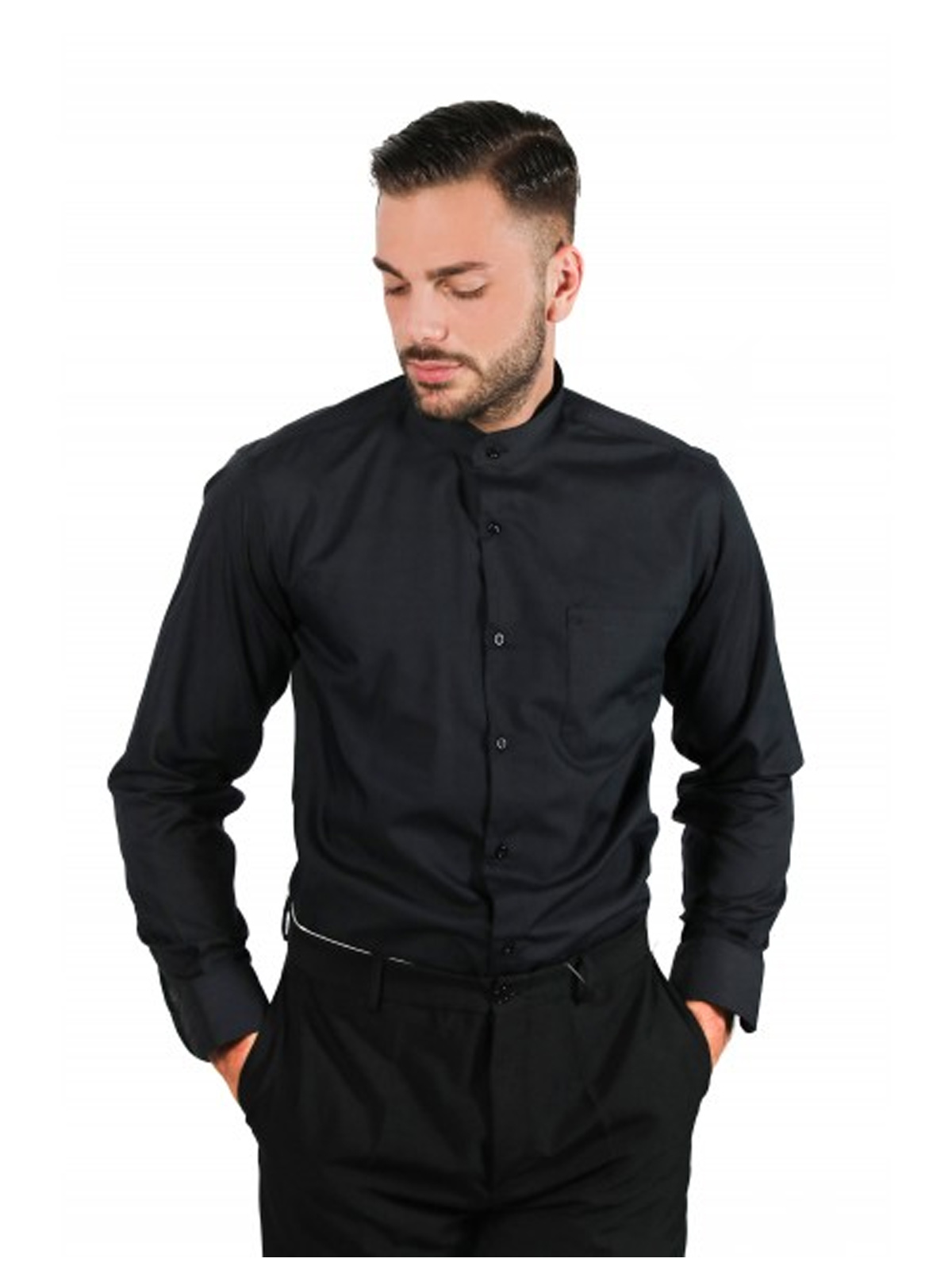 Chemise Homme En Coton Noir Col Coréen Coupe Slim Décontractée à Manches Longues. Personnalisable avec votre logo