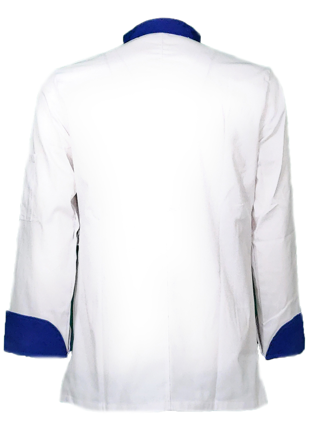 Giacca da chef in cotone bianco con bottoncini blu. Personalizzabile con il tuo logo