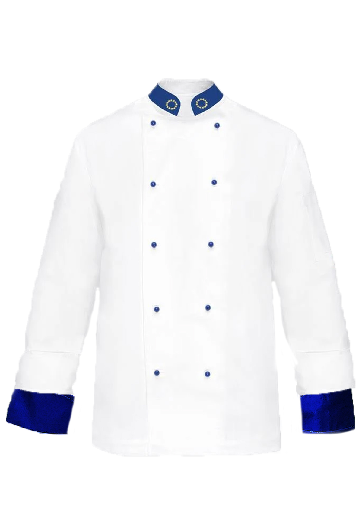 Giacca da chef in cotone bianco con bottoncini blu. Personalizzabile con il tuo logo